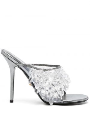 Papuci tip mules de cristal Versace argintiu