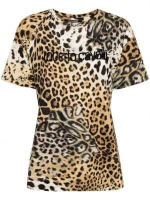 T-shirt en coton à imprimé à imprimé léopard Roberto Cavalli marron
