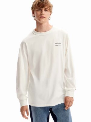 Béžové bavlněné tričko s dlouhým rukávem s potiskem s dlouhými rukávy Desigual