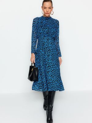 Pletena midi obleka s potiskom z leopardjim vzorcem Trendyol modra