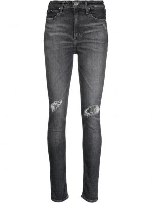 Jeansy skinny z wysoką talią z przetarciami Calvin Klein Jeans szare