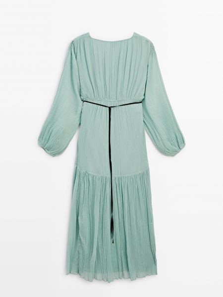 Плиссированное длинное платье Massimo Dutti зеленое