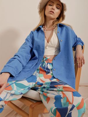 Lniana koszula oversize Trend Alaçatı Stili niebieska