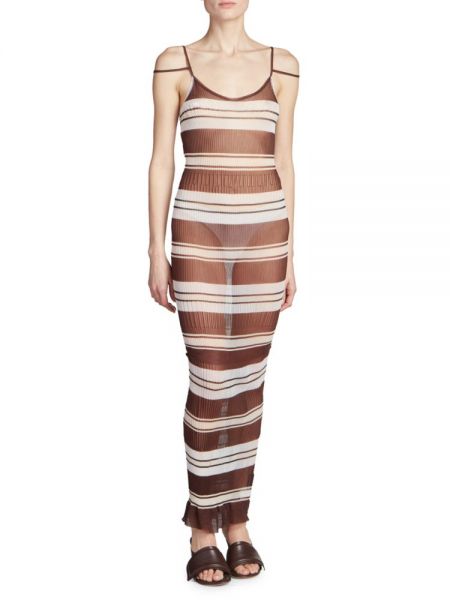 Плиссированное прозрачное длинное платье в полоску Jacquemus коричневое