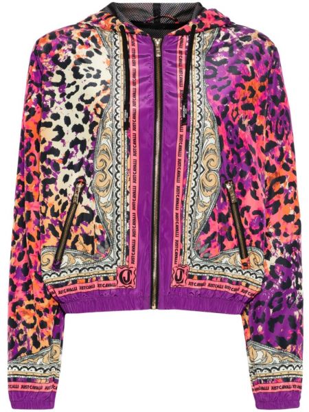 Geacă cu glugă cu imagine cu model leopard Just Cavalli violet