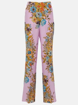 Svilene hlače visoki struk s cvjetnim printom Etro ružičasta