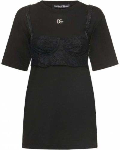 Krajkové bavlněné tričko jersey Dolce & Gabbana černé