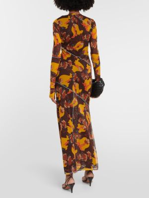 Midi obleka s cvetličnim vzorcem z mrežo Sir rjava