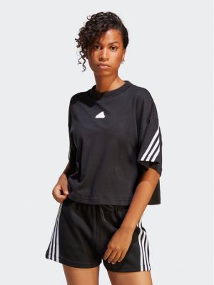 Tricou cu dungi cu croială lejeră Adidas negru
