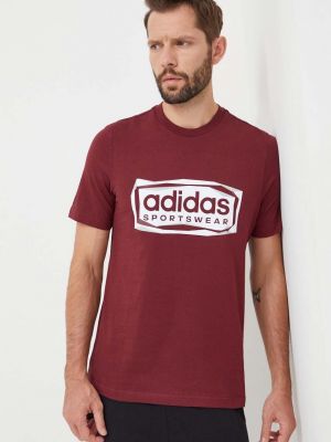 Памучна тениска с дълъг ръкав с принт Adidas винено червено