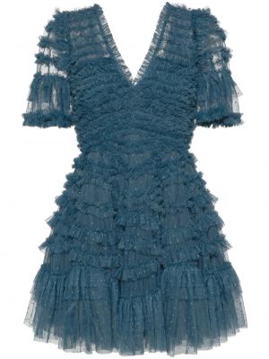 Koktejlkové šaty s volánmi Needle & Thread modrá
