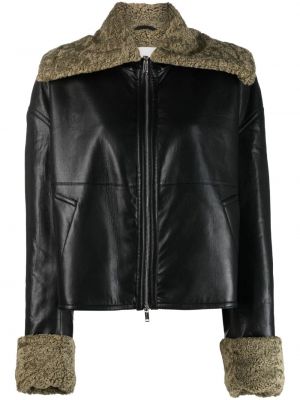 Viskózová kožená bunda s kožíškem na zip Nanushka - černá