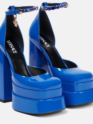 Pantofi cu toc din piele cu platformă de lac Versace albastru