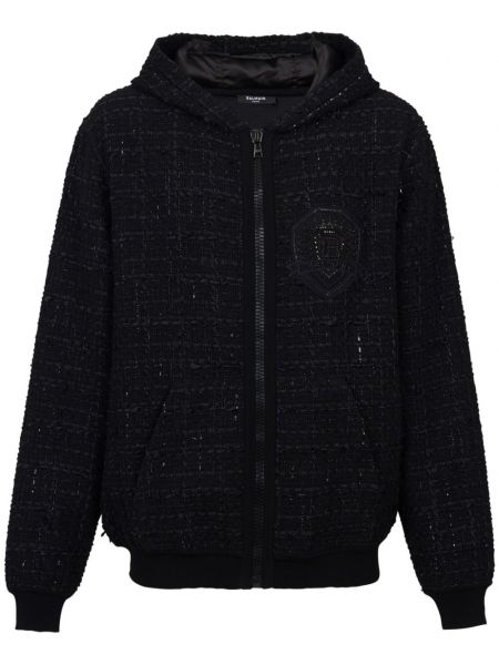 Tweed lange jacke mit kapuze Balmain schwarz