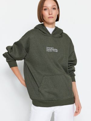 Pletena hoodie s kapuljačom od flisa s printom Trendyol kaki