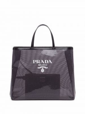 Мрежести шопинг чанта с принт Prada черно