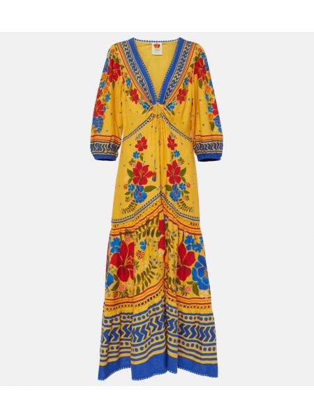 Lanena dolga obleka s cvetličnim vzorcem Farm Rio rumena