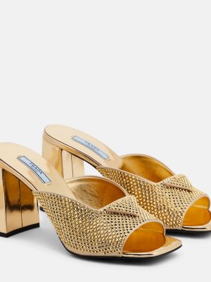 Papuci tip mules de cristal Prada auriu