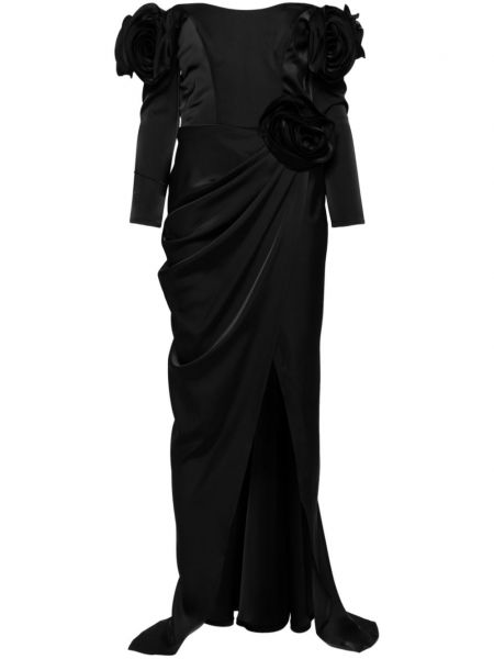 Satenska večerna obleka s cvetličnim vzorcem Ana Radu črna