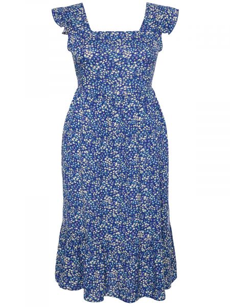 Pletena midi haljina s cvjetnim printom s volanima Trendyol plava