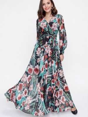 Kvetinové šifonové dlouhé šaty s potlačou By Saygı zelená