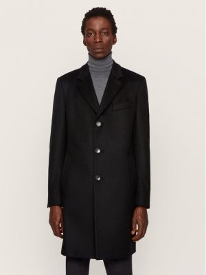Vlnený priliehavý zimný kabát Boss čierna