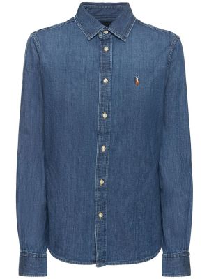 Medvilninė džinsiniai marškiniai Polo Ralph Lauren mėlyna