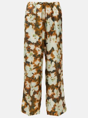 Květinové hedvábné rovné kalhoty relaxed fit Dries Van Noten hnědé