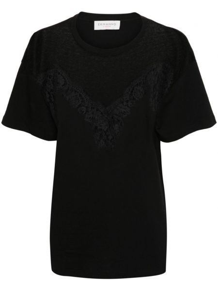 Mežģīņu kokvilnas t-krekls ar ziediem Ermanno Firenze melns