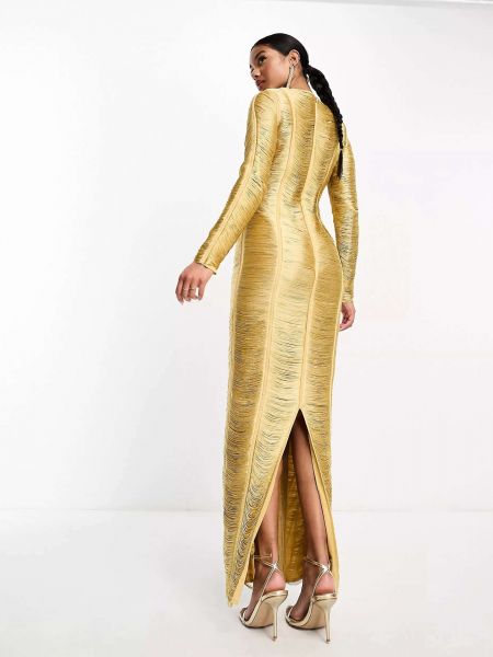 Длинное платье с бахромой с длинным рукавом Asos золотое