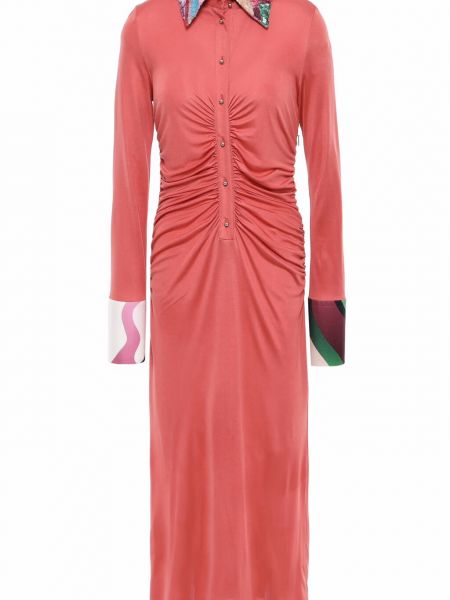 Платье-рубашка миди из шелкового джерси, украшенное пайетками, со сборками Emilio Pucci, античная роза