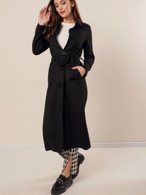 Palton din piele de căprioară cu buzunare By Saygı negru