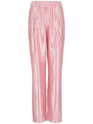 Plisované hedvábné lněné rovné kalhoty Giorgio Armani růžové