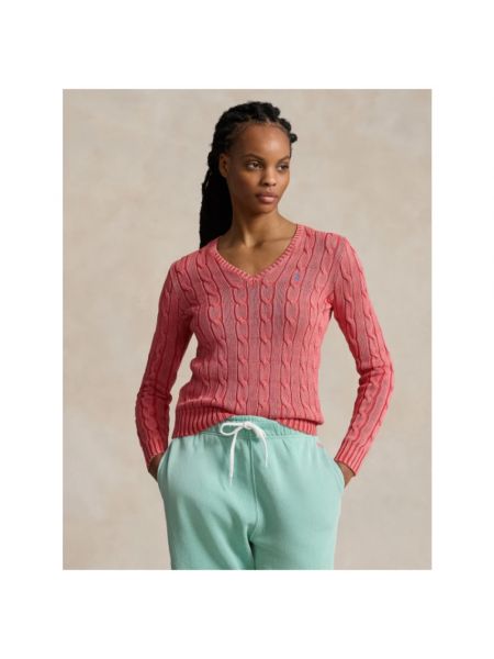 Sweter z dekoltem w serek Polo Ralph Lauren różowy