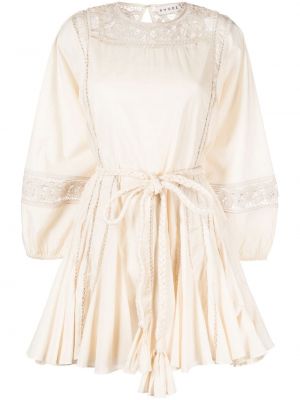 Bavlněné mini šaty s dlouhými rukávy s kulatým výstřihem Rhode - béžová