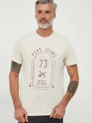 Памучна тениска с дълъг ръкав с принт Pepe Jeans бежово