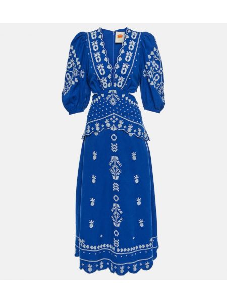 Lněné midi šaty s výšivkou Farm Rio modré