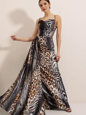 Satenska dolga obleka z leopardjim vzorcem By Saygı črna