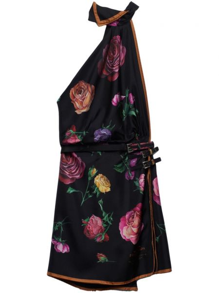 Копринена рокля с презрамки на цветя с принт Prada черно