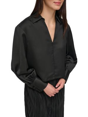 Атласная блузка с v-образным вырезом с длинным рукавом Dkny черная