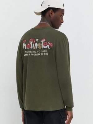 Bavlněné tričko s dlouhým rukávem s potiskem s dlouhými rukávy Hollister Co. zelené