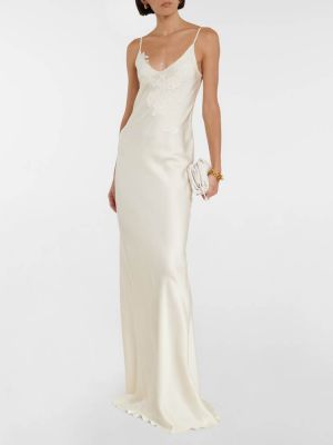 Кружевное атласное длинное платье Victoria Beckham белое