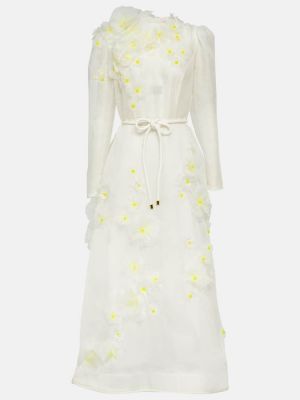 Bílé květinové hedvábné lněné midi šaty Zimmermann