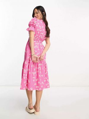 Клетчатое платье миди в цветочек с принтом Influence розовое