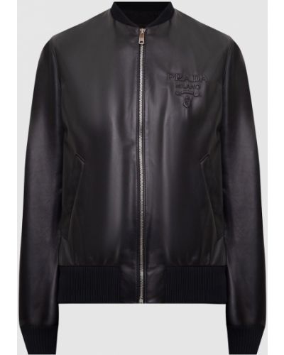 Шкіряна куртка з логотипом Prada, чорна