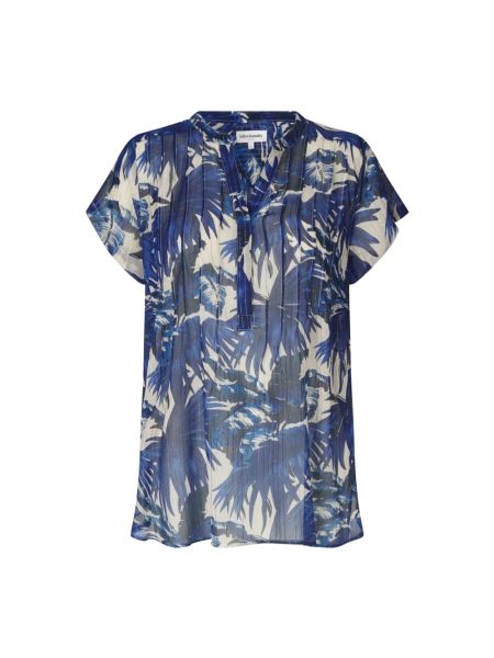 Koszulka z dekoltem w serek plisowana Lollys Laundry niebieska