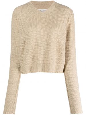 Плетен пуловер с v-образно деколте Maison Margiela бежово