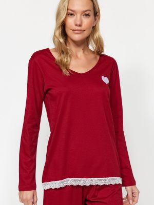 Dzianinowa haftowana piżama koronkowa Trendyol czerwona