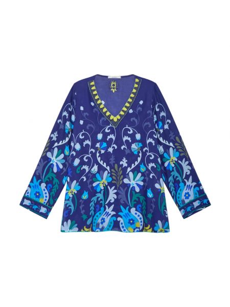 Haftowana bluzka w kwiatki z dekoltem w serek Maliparmi niebieska