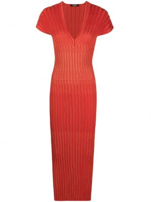 Dzianinowa sukienka długa w paski Balmain czerwona